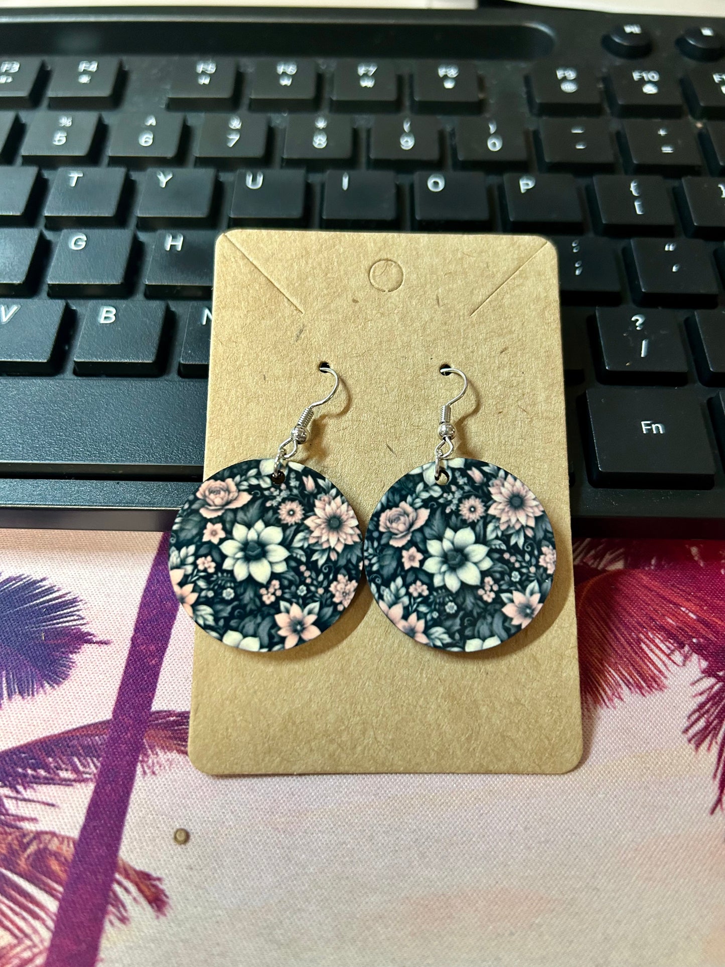 Round Earrings-Black Floral