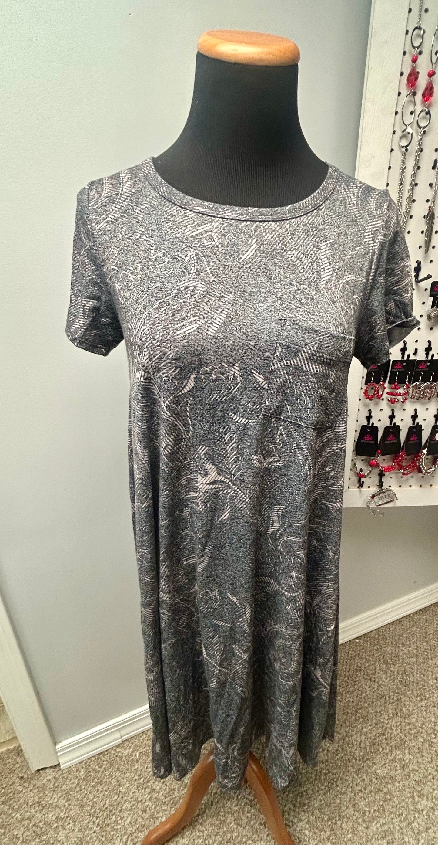 LuLaRoe Carly Swing Dress Grey Leaf