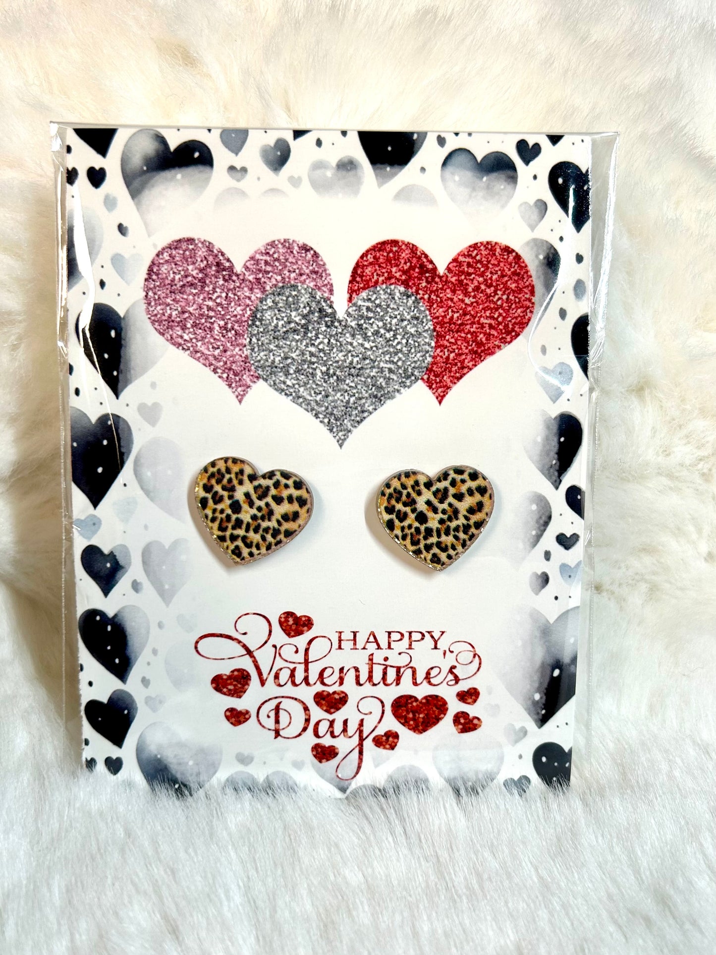 Glitter Heart Studs-Tan Animal Print