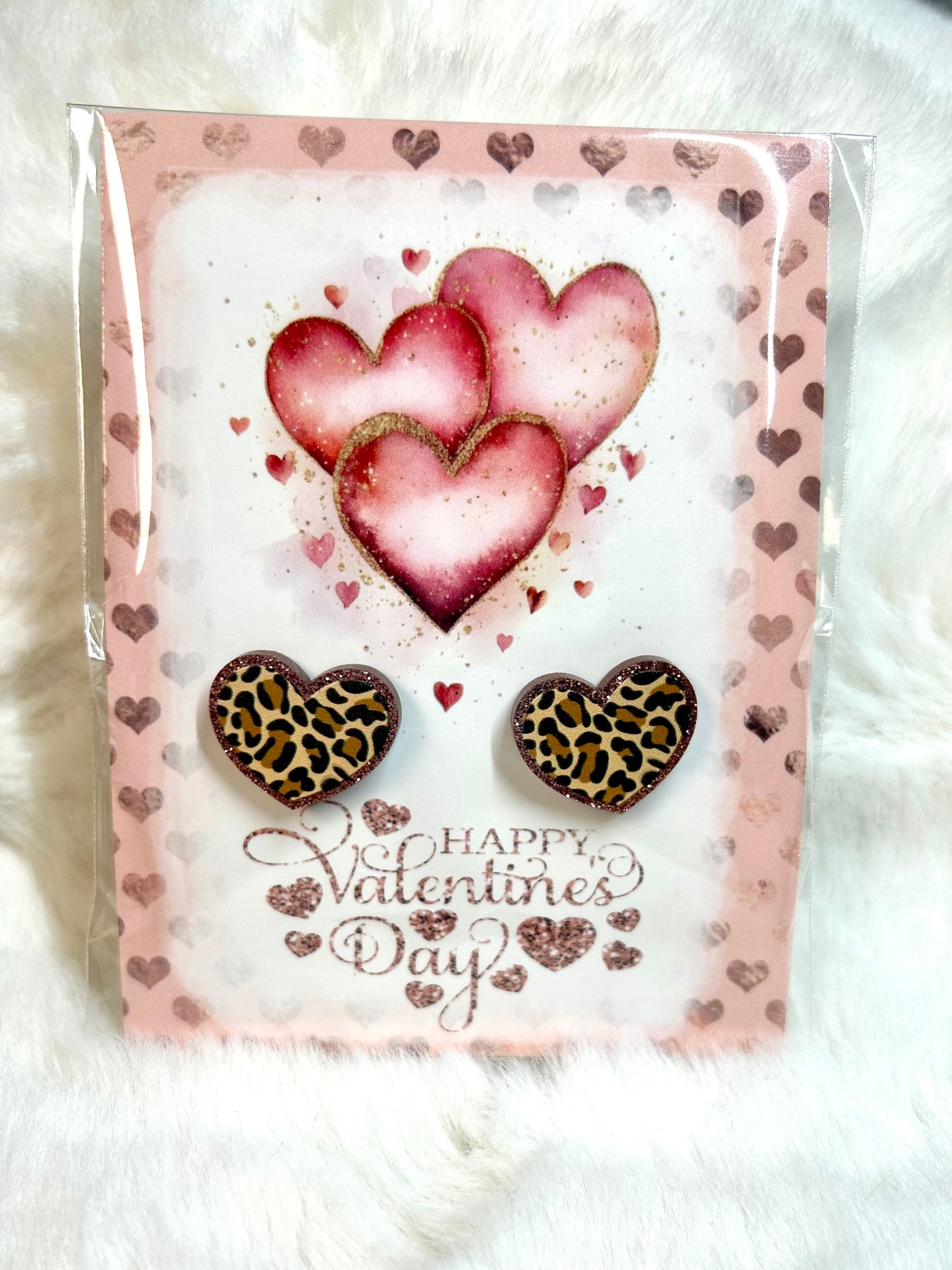 Pink Glitter Heart Studs-Animal Print