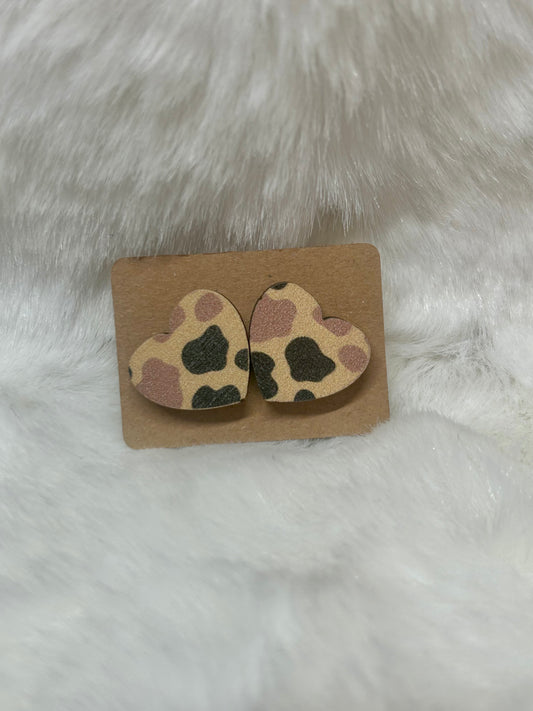 Wooden Tan Heart Cow Print Studs