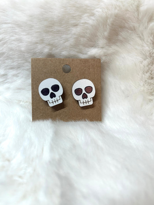 Skull Wood Stud Earring-Hand Painted