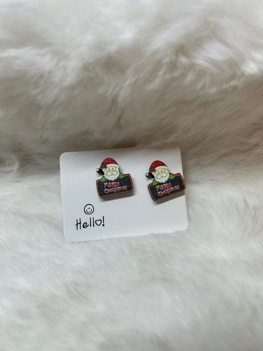 Merry Christmas Santa Wood Stud Earring