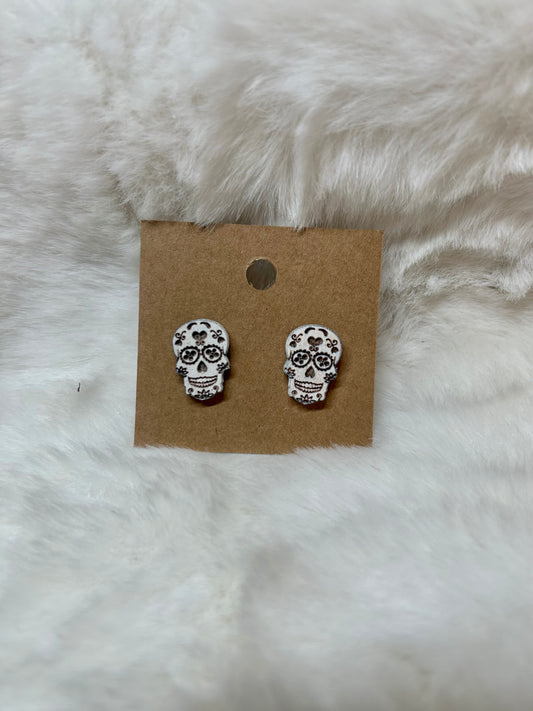 Wood Carved Skull Earrings