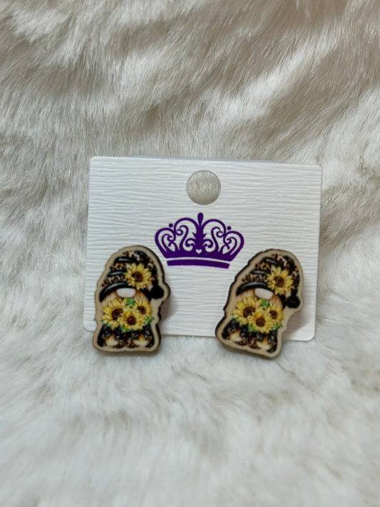 Wooden Gnome With Sunflowers Earrings