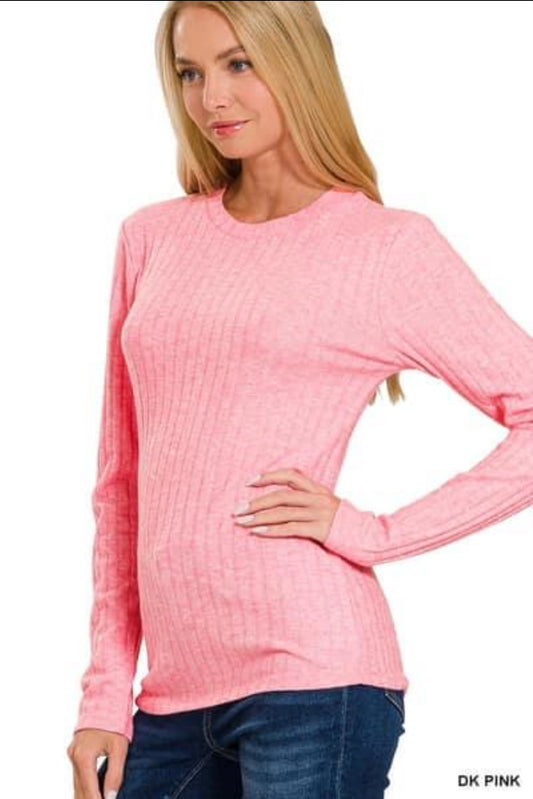 Zenana Ribbed Long Sleeve Round Neck Top-Pink