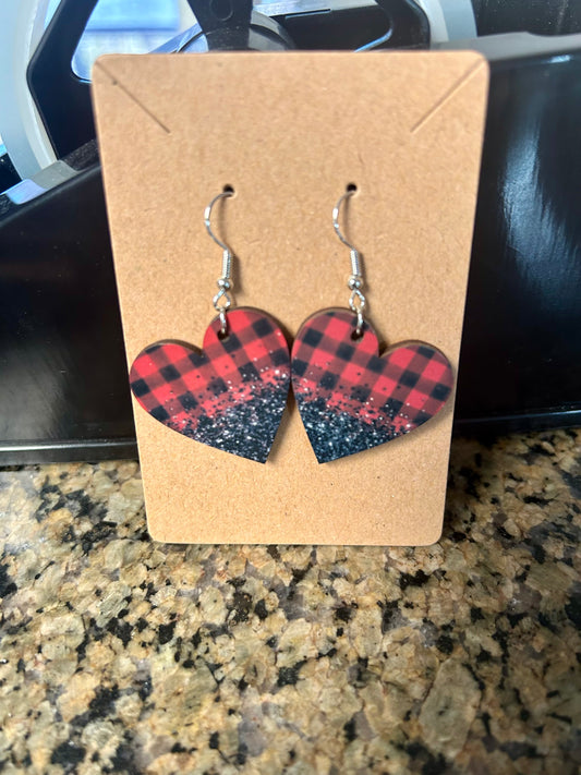 Plaid & Glitter Heart Shaped Earrings