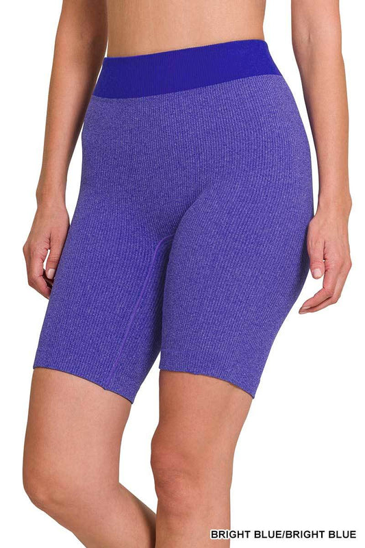 Zenana Ribbed Seamless Bike Shorts-Blue