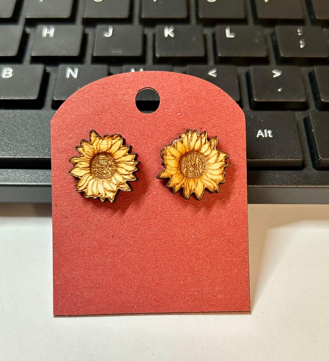 Sunflower Wood Carved Earrings