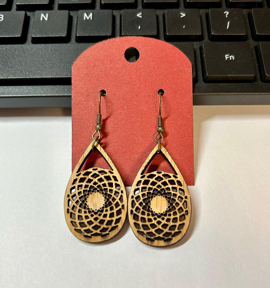 Teardrop Wood Carved Earrings-Mandala