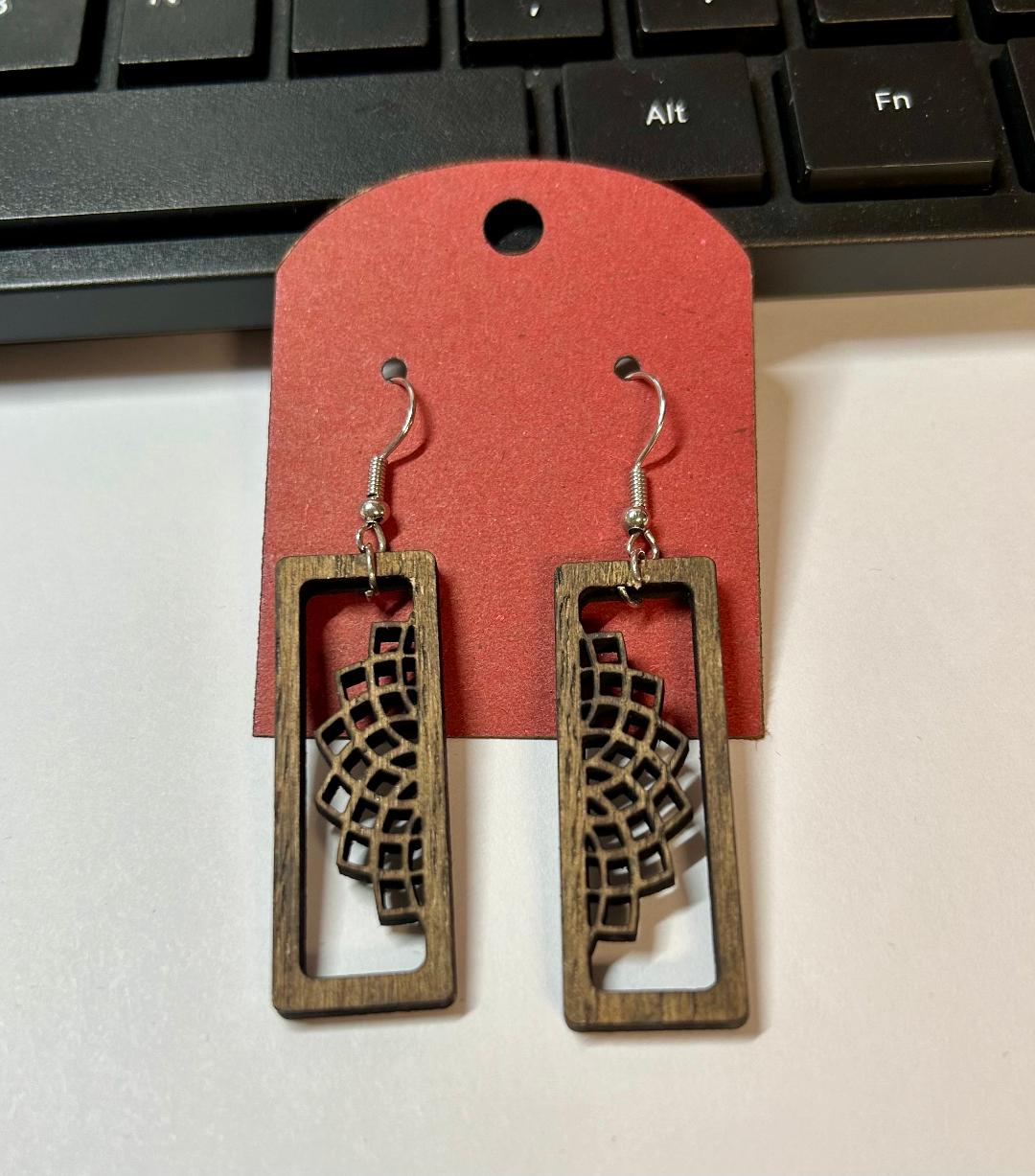 Rectangle Wood Carved Earrings-Medium